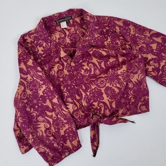 *Free With Purchase* Floral cropped blouse 3/4 sleeve peasant top crop front tie - Picture 6 of 8